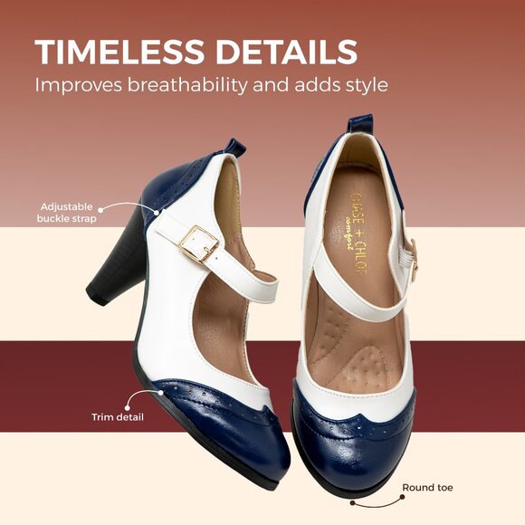 Chase & Chloe Dora-2 Women's Round Toe Two Tone Mary Jane Pumps - Picture 4 of 6